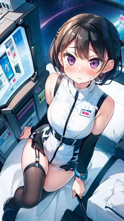 (Highest quality), (masterpiece), 1080P, High resolution, 4K, 8k, Inside the space station、Futuristic room、Thigh straps, Shooting from directly below, The woman on top of me, 白いSweat, Covered , Sweat, Woman looking down, Skirt swimsuit, Thigh-high socks, To achieve this, , , whole body, Black leather shoes, Braided hair, Inner Color, Embarrassed face, Short black hair, bracelet, Bedroom,celestial body_Vest