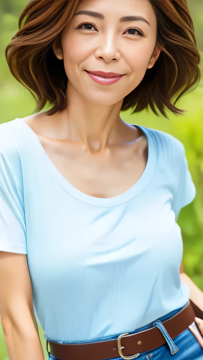 Japanese women、40 years old、Brown Hair、Very Short Hair、Big smile、Close-up photo focusing on upper body、T-shirt and denim skirt with belt、uhd, anatomically correct, textured skin, super detail, best quality, 8k