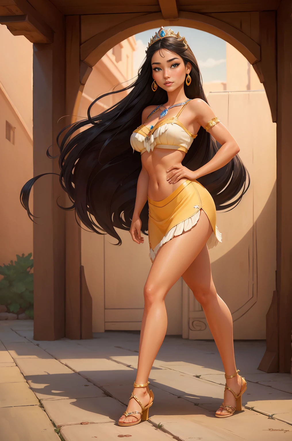 ((Full body photo, standing, feet on the floor)) ((1 girl)), Masterpiece, (high quality, best render), (beautiful girl, Pocahontas), (bomb, pin-up style), native American, hot, floss, perfect body, 4k hd, disney princess, beautiful female princess, anime princess, hd artwork, official art, disney cartoon, beautiful princess, large breasts, sexy pose, beautiful princess, beautiful character painting, disney character, disney artist, disney art style, disney art, official art, leggings and gladiator sandals: 1.2