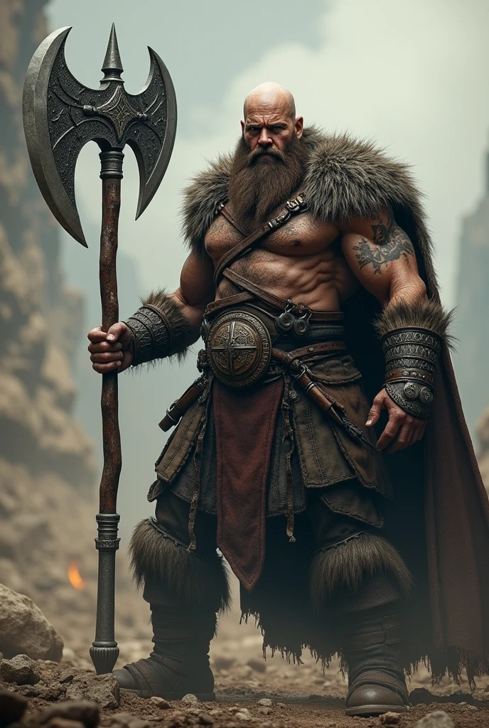 A man of 1,77 tall bald man with a barbarian beard in medieval times holding a large two-handed axe with an incredible shape and medieval clothes, make him be a barbarian with some scars