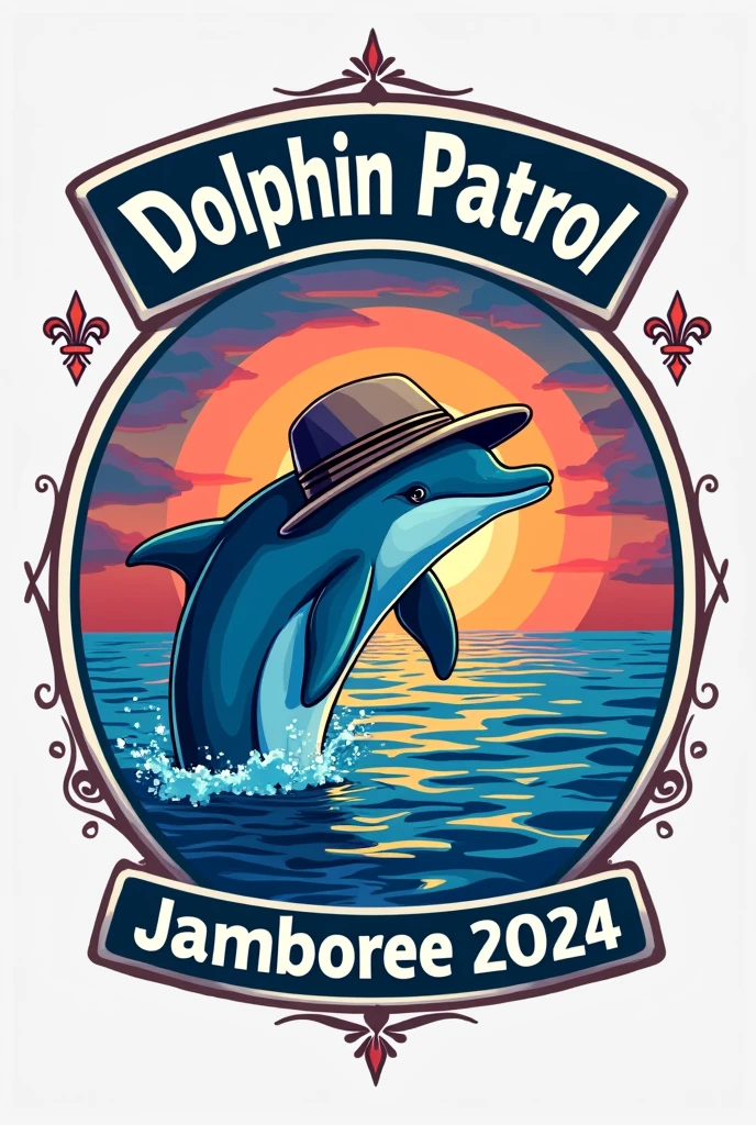 A flannel logo featuring a dolphin wearing an explorer&#39;s hat coming out of the water, with a sunset in blue and purple tones, that above it says Dolphin Patrol and below it has a text box in capital letters that says JAMBOREE 2024 with an elegant font, Below it has a fleur-de-lis and is framed Using this image created