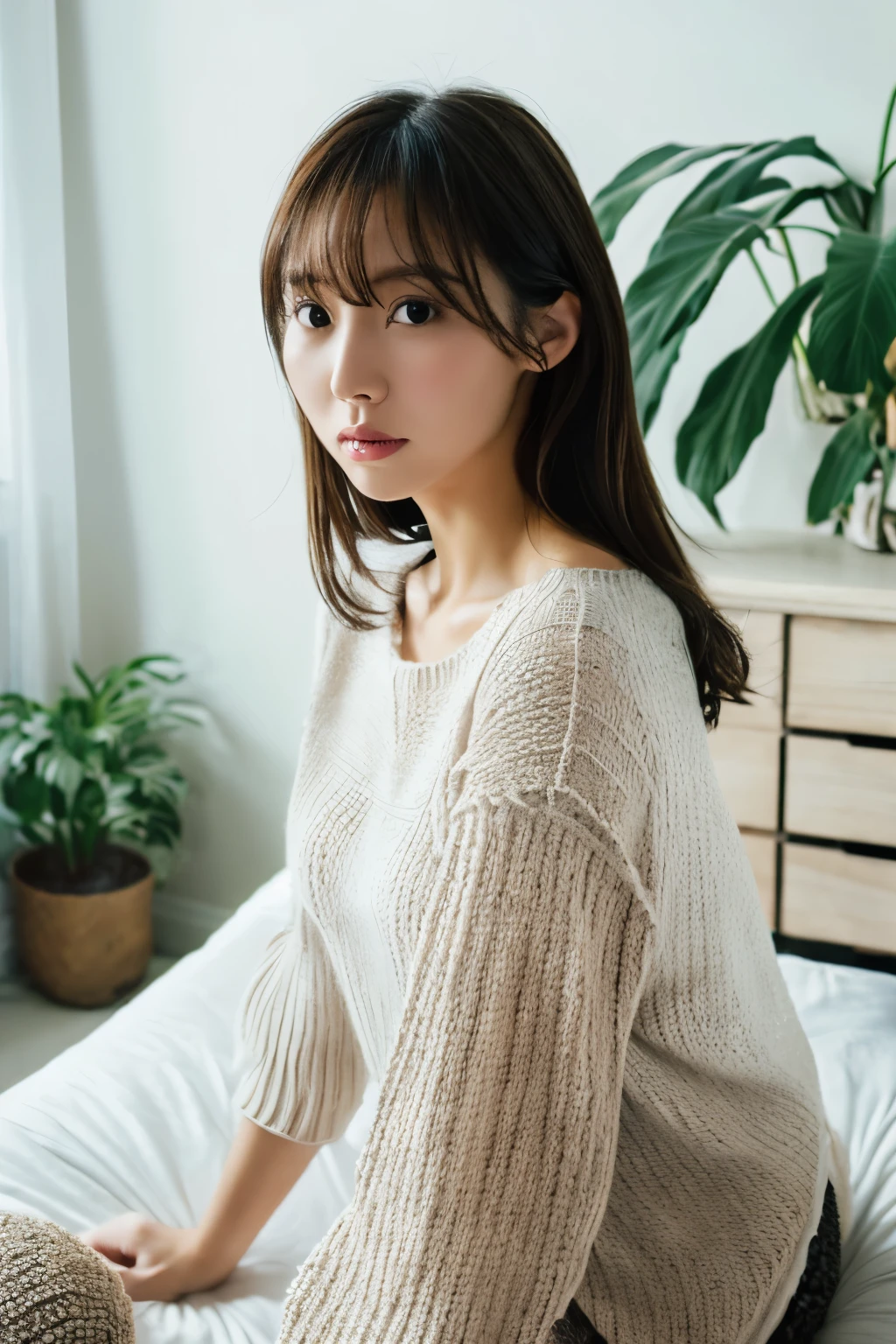 Masterpiece, Photogravure, High quality, Ultra-high resolution, 8K, Realistic, (Intricate details: 1.2), A skinny Japanese actress, 40 years old, {short|long} hair, cute face, detailed face, beautiful eyes, detailed eyes, small breasts, hourglass figure, anatomically correct body structure, (wearing a loose knit camisole next to the skin: 1.4), obscene pose, (tilted head: 1.2), looking into the camera. a photo captured at a refreshing room filled with sunlight, white floor, white walls, house hold items, (plants: 0.8), in summer. Top view photo, full-body photo