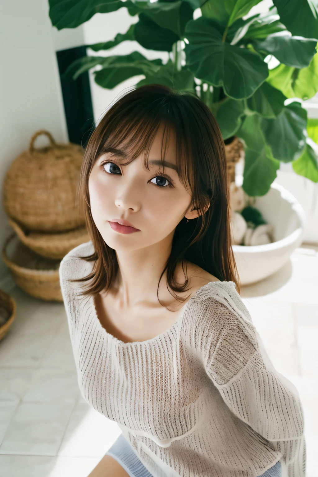 Masterpiece, Photogravure, High quality, Ultra-high resolution, 8K, Realistic, (Intricate details: 1.2), A skinny Japanese actress, 40 years old, {short|long} hair, cute face, detailed face, beautiful eyes, detailed eyes, small breasts, hourglass figure, anatomically correct body structure, (wearing a loose knit camisole next to the skin: 1.4), obscene pose, (tilted head: 1.2), looking into the camera. a photo captured at a refreshing room filled with sunlight, white floor, white walls, house hold items, (plants: 0.8), in summer. Top view photo, full-body photo