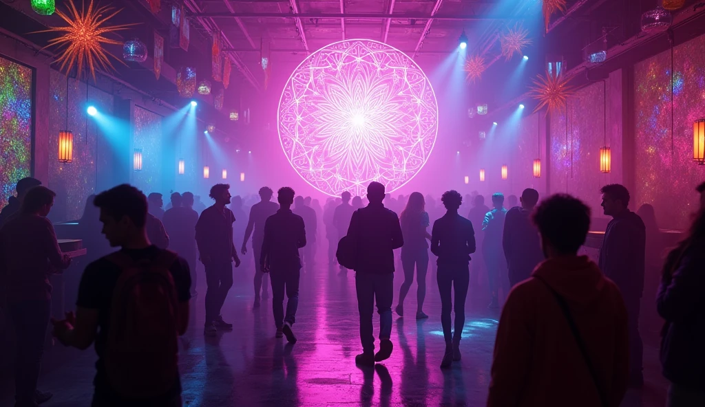 Une image de rave dans un bar avec une ambiance lumineuse, fluo et psychédélique avec un filigrane de fleur de vie lumineux et des décoration psychédélique fluo