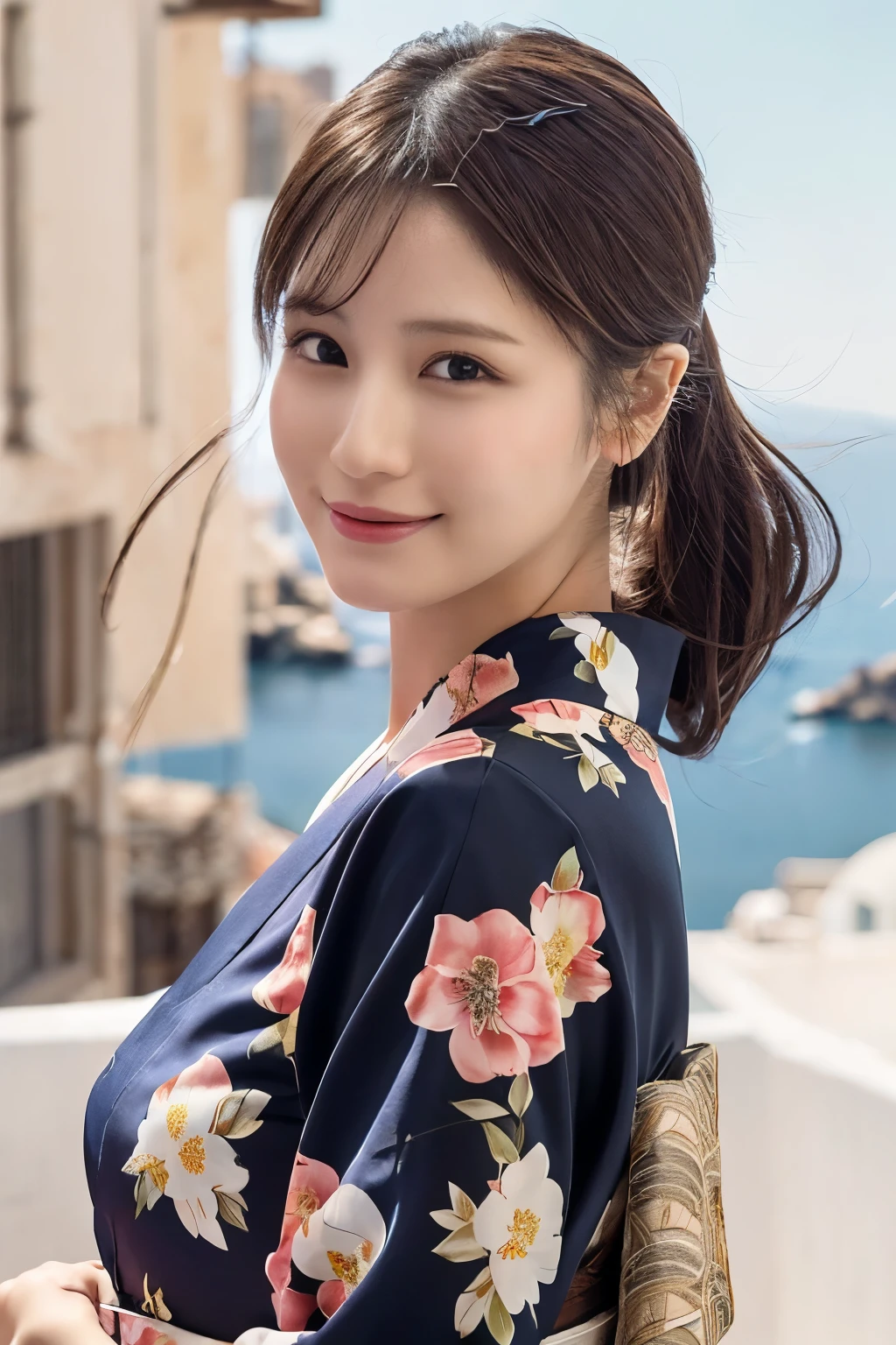 1 person, (Wearing a pink floral kimono.:1.2), Very beautiful Japanese idol portraits, 
(RAW Photos, Highest quality), (Realistic, Realistic:1.4), (masterpiece), 
Very delicate and beautiful, Very detailed, 2k wallpaper, wonderful, finely, Very detailed CG Unity 8k 壁紙, Very detailed, High resolution, Soft Light, 
Beautiful details, Very detailed目と顔, Beautiful and sophisticated nose, Beautiful and beautiful eyes, Cinema Lighting, 
(Commemorative photo on Santorini Island:1.3), (White Building), (blue sky), (Church bells), (Aegean Sea),
(Japanese hairstyle), (Tie your hair at the back:1.3), (bangs), (hairpin), 
Complete Anatomy, Slender body, Small breasts, smile