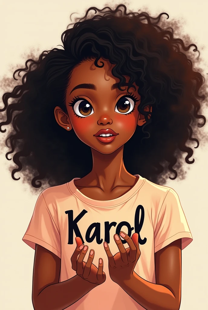 Digital drawing style, a teenager with dark skin, curly hair, and holding her name in her hands Karol