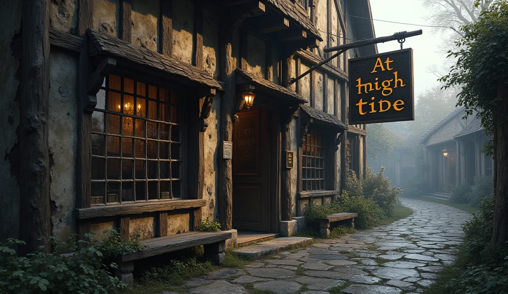 Exterior of a medieval tavern named after "At High Tide". A discreet place, with a weathered wooden sign swaying in the wind and narrow windows that barely let in any light.