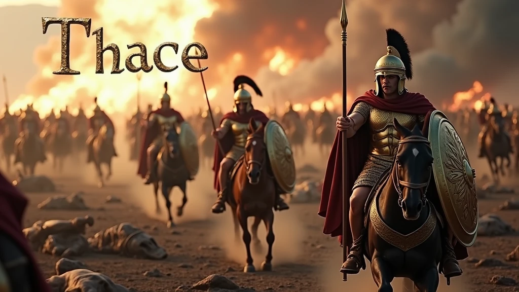 (photographie ultra-réaliste) Armée de thrace dans la grèce antique portant des armures reflétant la lumière, des casques de hoplites, des capes dorée, munie de leurs lances d'argents et leurs bouclier dorés, ils chargent vers les ennemies à pied ou à cheval, sur un champ de bataille apocalyptique dévasté, jonché de cadavres. En arrière plan on aperçoit la ville de Troies en feu. Il est écrit "Thrace" dans le ciel en lettre gothique