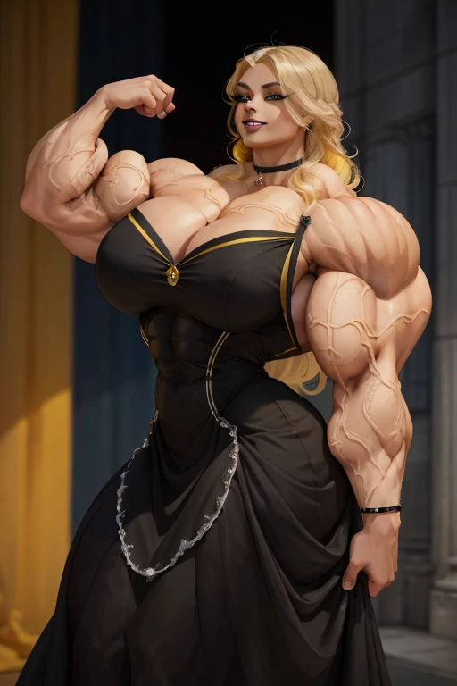 ((Close-up)), tall, (yellow hair) beautiful muscular Latino woman, long flowing hair, brown skinned, (closed smile), large breast, (black lipstick), (massive muscles), (hyper muscle), (ginormous bulky muscles), gray eyes, (((beautiful long yellow Cinderella dress))), yellow bracelets, choker, high heels, (flexing biceps), in a ballroom, at night, 