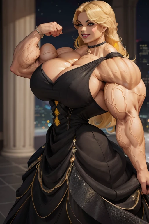 ((Close-up)), tall, (yellow hair) beautiful muscular Latino woman, long flowing hair, brown skinned, (closed smile), large breast, (black lipstick), (massive muscles), (hyper muscle), (ginormous bulky muscles), gray eyes, (((beautiful long yellow Cinderella dress))), yellow bracelets, choker, high heels, (flexing biceps), in a ballroom, at night,