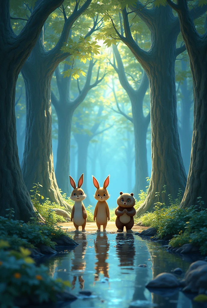 A forest where all the trees have mirrored trunks, reflecting the trio of friends on all sides. The leaves look like they are made of crystal, capturing and multiplying light. Tico the Jumping Rabbit, Luna the wise owl, and Bento the kind bear, walk cautiously, their reflections distorting into magical and mysterious shapes.
