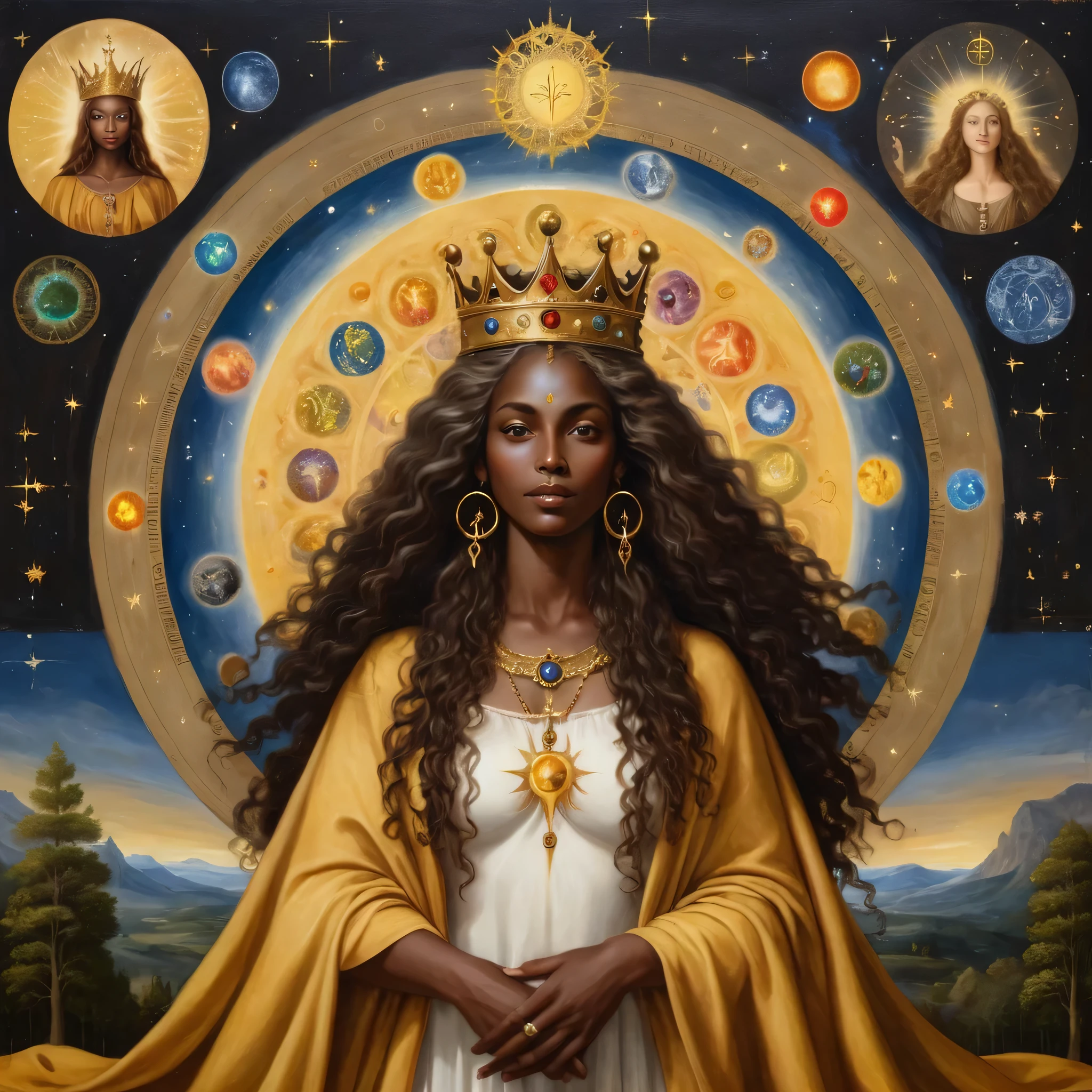 Black woman with dark skin and back, long curly hair, glad, with a crown on his head, royal crown no estilo brittanica e um cedro, with a golden cloak with the 7 chakras, tree of life symbol, cabal, luxurious setting, The painting represents gratitude and unconditional love and with mystical art and beautiful elements, and other deities around her, She looks and beholds the cosmic golden celestial realms, with astrology elements, renaissance painting, oil painting inspirado em leonardo da vinci. astrological divinations, hermeism, elements of astrology, ​masterpiece, cosmic and transcendent vibe, oil painting, picture painting, renaissance painting, baroque art
