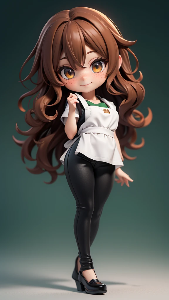 Beautiful woman, white complexion, long wavy red hair, brown eyes, expressive eyes, freckles on her face, smile, black pants, white blouse, green apron, full body, black shoes