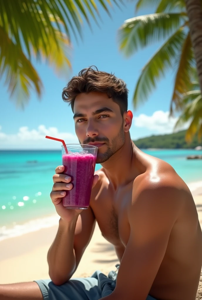 realistic man 25 to 35 years old, Drinking Acai on the Beach, salmonete, in park, ultra HD, high qualiy, best qualityer, high resolution, 8k, 16K