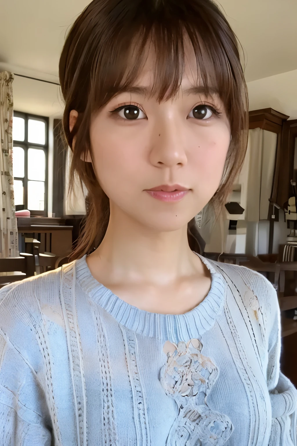 Masterpiece, Photogravure, High quality, Ultra-high resolution, 8K, Realistic, (Intricate details: 1.2), A skinny Japanese actress, 40 years old, {short|long} hair, cute face, detailed face, beautiful eyes, detailed eyes, small breasts, hourglass figure, anatomically correct body structure, (wearing a loose knit camisole next to the skin: 1.4), obscene pose, (tilted head: 1.2), looking into the camera. a photo captured at a refreshing room filled with sunlight, white floor, white walls, house hold items, (plants: 0.8), in summer. Top view photo, full-body photo