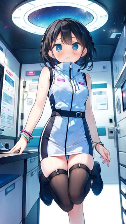 (Highest quality), (masterpiece), 1080P, High resolution, 4K, 8k, Inside the space station、Futuristic room、Thigh straps, Shooting from directly below, The woman on top of me, 白いSweat, Covered , Sweat, Woman looking down, Skirt swimsuit, Thigh-high socks, To achieve this, , , whole body, Black leather shoes, Braided hair, Inner Color, Embarrassed face, Short black hair, bracelet, Bedroom,celestial body_Vest