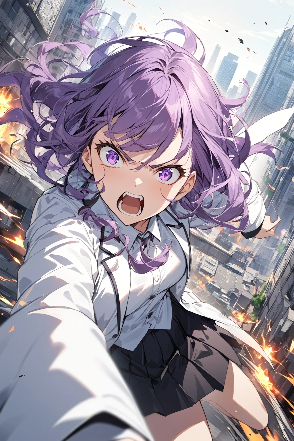1 girl , purple curly hair , purple eyes, upper body, wearing white suits,white shirt,black pleated skirt,furious,furious,city background,dynamic pose,dynamic angle,