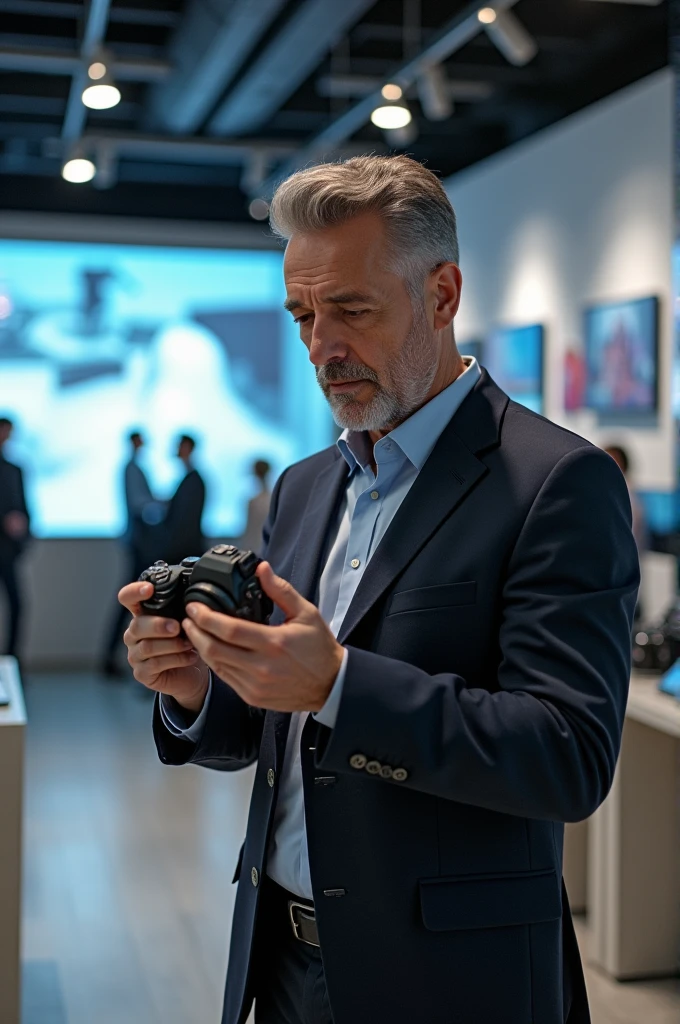 Man review technology stand photography