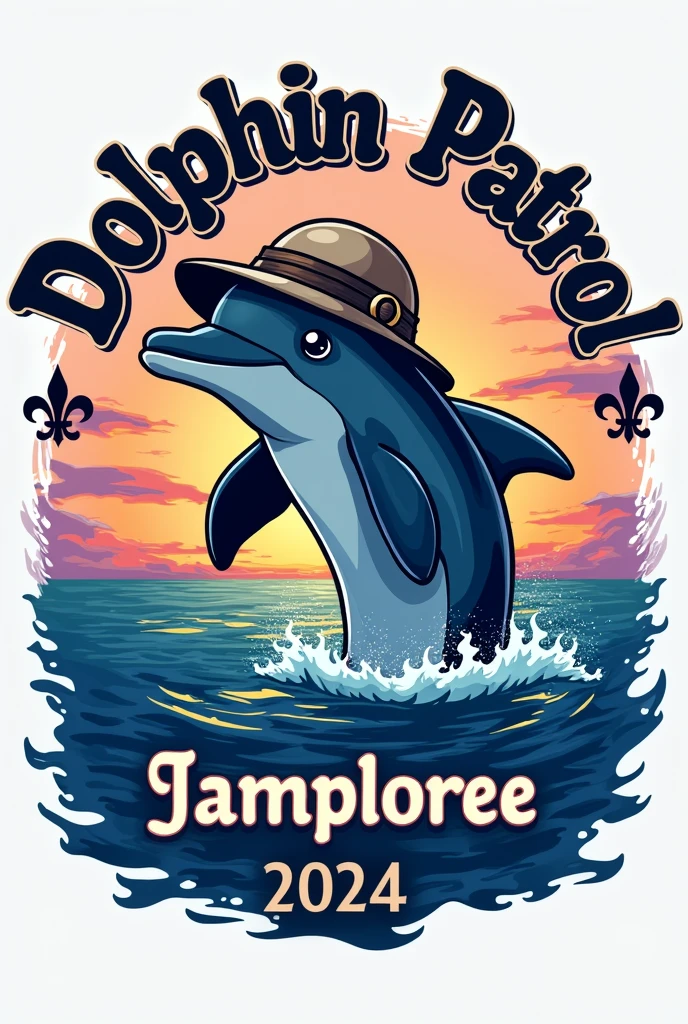 A flannel logo featuring a dolphin wearing an explorer&#39;s hat coming out of the water, with a sunset in blue and purple tones, that above it says Dolphin Patrol and below it has a text box in capital letters that says JAMBOREE 2024 with an elegant font, Below it has a fleur-de-lis and is framed Using this image created