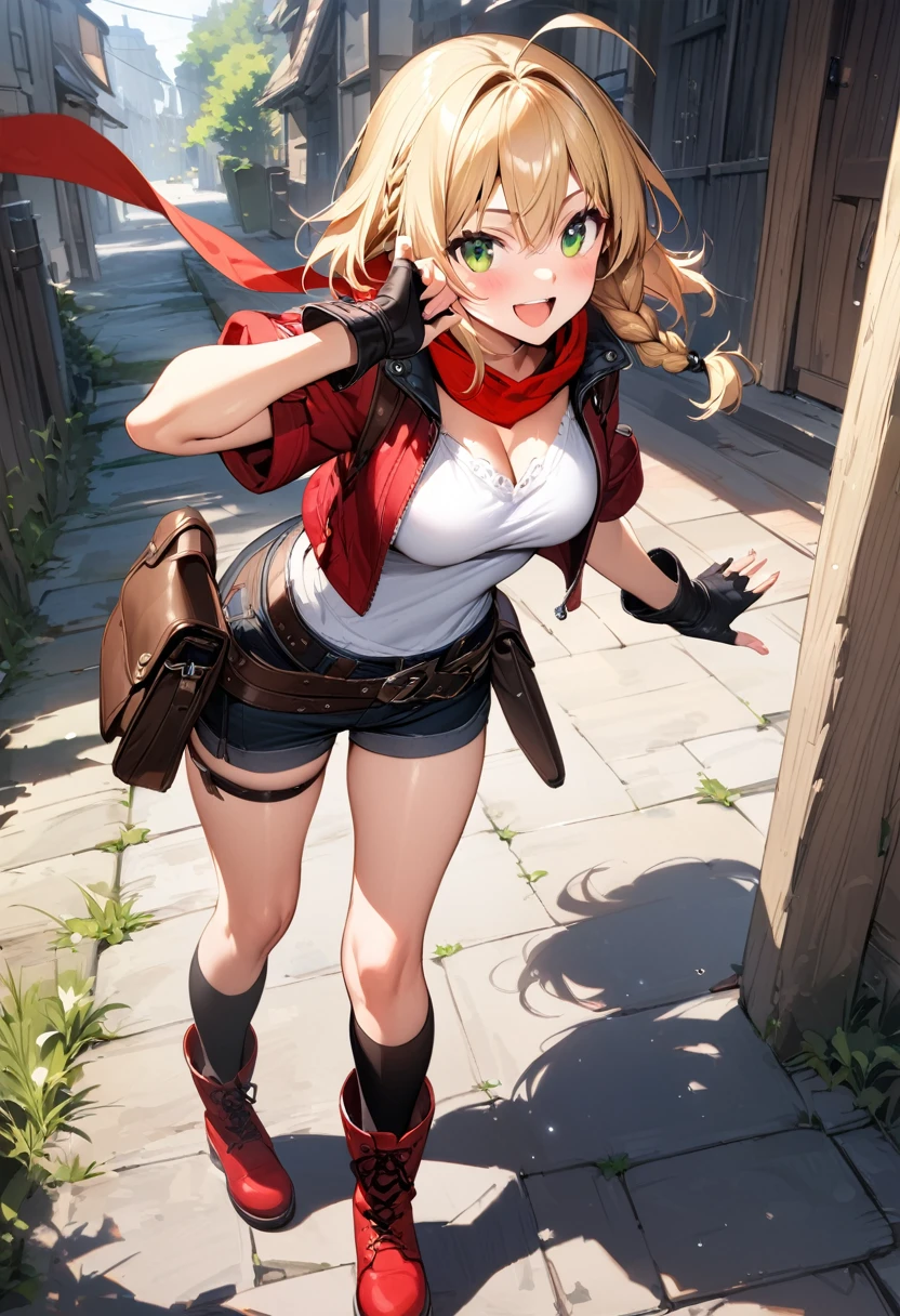 (masterpiece),(best quality),(ultra-detailed),(best illustration),(best shadow),(absurdres),(detailed background),(very aesthetic), 1girl, solo, blonde-hair, braid, boots, ahoge, shorts, gloves, fingerless-gloves, open-mouth, belt, socks, red-jacket, smile, breasts, black-socks, scarf, single-braid, reverse-grip jacket, side-braid, cleavage, medium-breasts, simple-background, kneehighs, green-eyes, looking-at-viewer, cropped-jacket, red-scarf, bandana, red-footwear, kirisame-marisa, blush, knee-boots, standing, short-hair, open-jacket, shirt, black-gloves, :d, short-shorts, short-sleeves
