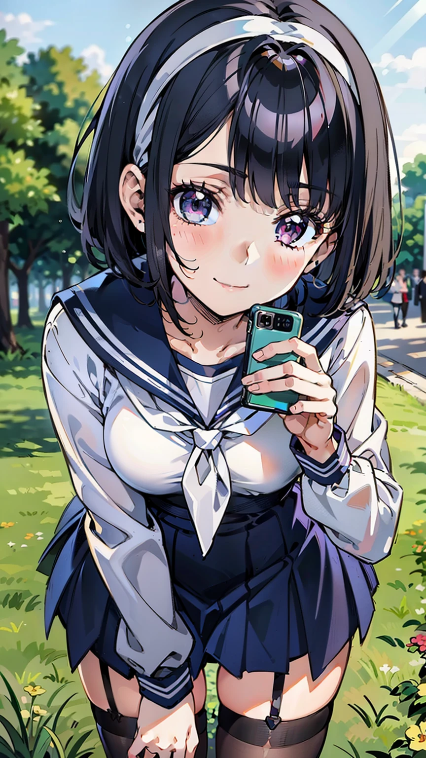 sailor uniform, One Woman, (A beauty woman, Delicate high school girl:1.3), 8K, highest quality, masterpiece, Very detailed, Ultra-high resolution, Realistic, RAW Photos, Absolute Resolution, Black Hair, Bobcut, Small face compared to body, Very small face, Black Hair, ((Navy blue sailor suit)), Navy Blue Skirt, High school girl in sailor suit, 2D Rendering of Anime, ((White headband)), Small breasts, tall, Slanted Eyes, Purple Eyes, Black Stockings, garter belt, Embarrassed smile, garden, (Take a photo with your smartphone:1.4), (Top-down position:1.3), blurry background,