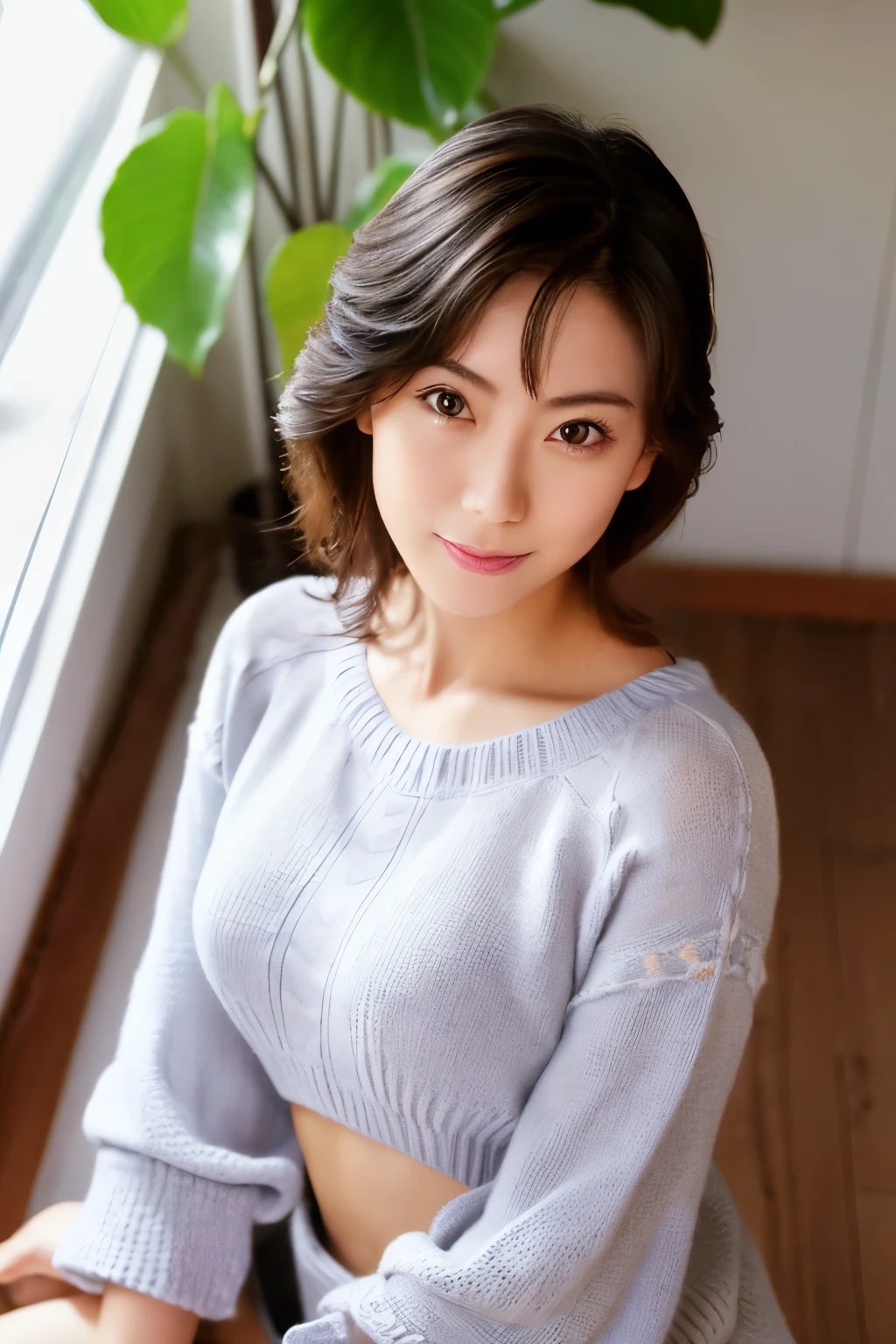 Masterpiece, Photogravure, High quality, Ultra-high resolution, 8K, Realistic, (Intricate details: 1.2), A skinny Japanese actress, 40 years old, {short|long} hair, cute face, detailed face, beautiful eyes, detailed eyes, small breasts, hourglass figure, anatomically correct body structure, (wearing a loose knit camisole next to the skin: 1.4), obscene pose, (tilted head: 1.2), looking into the camera. a photo captured at a refreshing room filled with sunlight, white floor, white walls, house hold items, (plants: 0.8), in summer. Top view photo, full-body photo