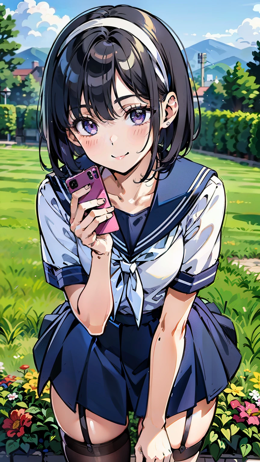 sailor uniform, One Woman, (A beauty woman, Delicate high school girl:1.3), 8K, highest quality, masterpiece, Very detailed, Ultra-high resolution, Realistic, RAW Photos, Absolute Resolution, Black Hair, Bobcut, Small face compared to body, Very small face, Black Hair, ((Navy blue sailor suit)), Navy Blue Skirt, High school girl in sailor suit, 2D Rendering of Anime, ((White headband)), Small breasts, tall, Slanted Eyes, Purple Eyes, Black Stockings, garter belt, Embarrassed smile, garden, (Take a photo with your smartphone:1.4), (Top-down position:1.3), blurry background,