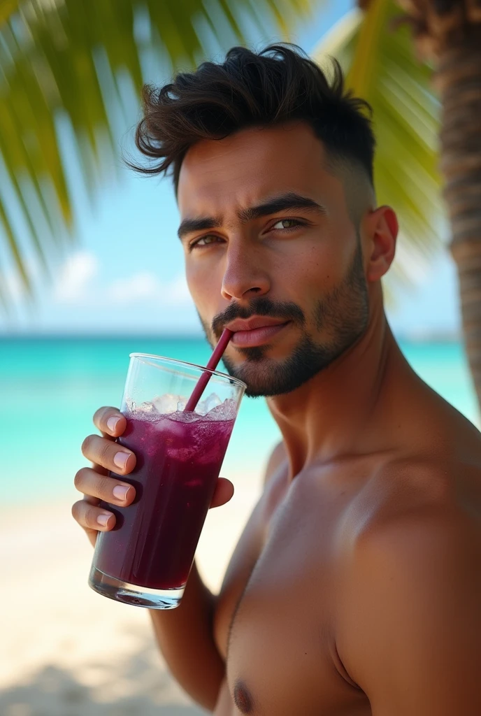 realistic man 25 to 35 years old, Drinking Acai on the Beach, salmonete, in park, ultra HD, high qualiy, best qualityer, high resolution, 8k, 16K