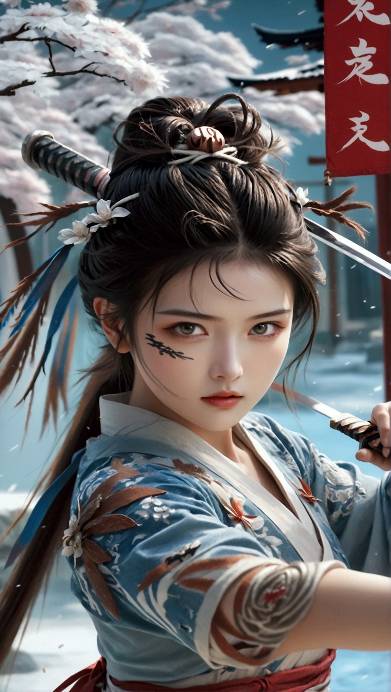 (Japanese sword &reference;Muramasa 2&reference;.2)Beautiful 27 year old woman、Japanese women、Tie your hair back、Hair ornament artist、Shinobi Costume、Warrior、Clear Eyes、{Arm tattoo(SakuraFubuki}&#39;Back Tattoo、Warrior、(Japanese swordを両手で構える、1.3)(Japanese sword1.2)Intermediate position、In front of the body、(Holding a sword horizontally 1.3)、whole body、Long Blade Sword、Realistic battle scenes、敵Warriorの返りBlood、Blood、High resolution、Highest quality、Very detailed、8k、background、The castle is burning、Sparks fly、