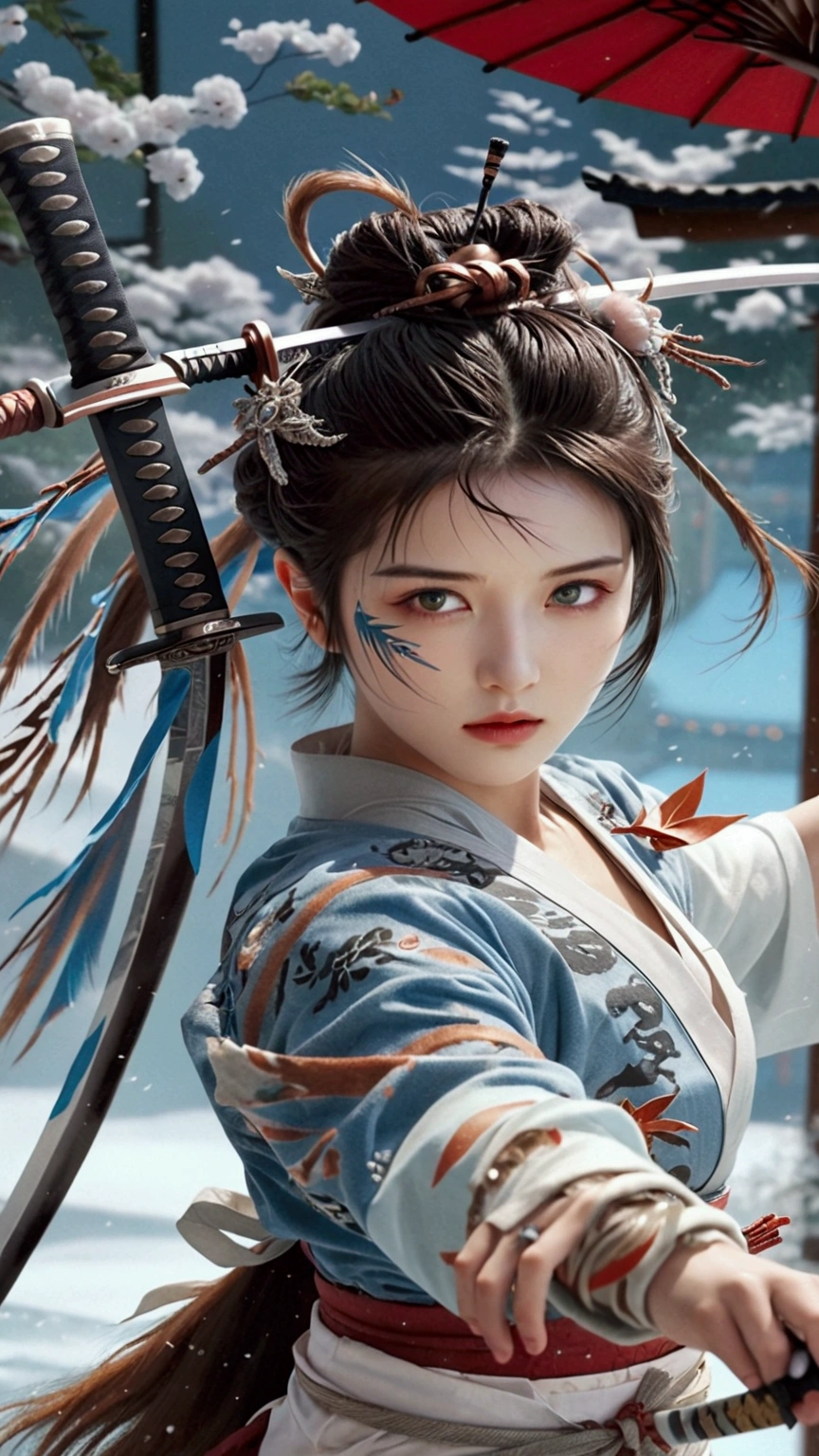 (Japanese sword &reference;Muramasa 2&reference;.2)Beautiful 27 year old woman、Japanese women、Tie your hair back、Hair ornament artist、Shinobi Costume、Warrior、Clear Eyes、{Arm tattoo(SakuraFubuki}&#39;Back Tattoo、Warrior、(Japanese swordを両手で構える、1.3)(Japanese sword1.2)Intermediate position、In front of the body、(Holding a sword horizontally 1.3)、whole body、Long Blade Sword、Realistic battle scenes、敵Warriorの返りBlood、Blood、High resolution、Highest quality、Very detailed、8k、background、The castle is burning、Sparks fly、