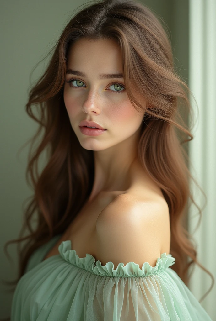 Beautyfull girl long Brown hair Softly curled, and green eyes ,she have a delicate and feminine face almost innocent she is extremely beautyfull and dont show any skin she uses a long dress covering all her body