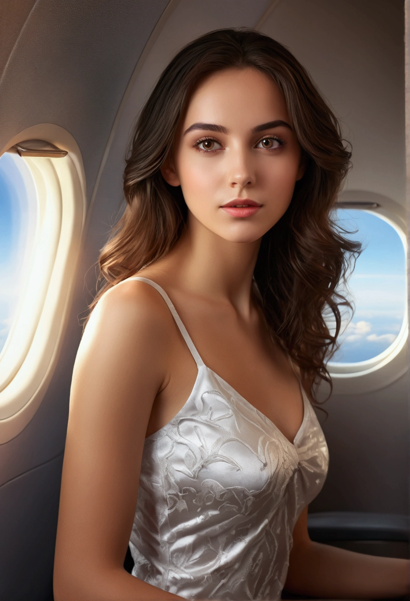 (masterpiece, best quality:1.5), highest quality, High resolution, super detailed, Realists, Full body photo of a young European brunette, detailed and beautiful brown eyes, very detailed eyes and face, longeyelashes, the young woman wears a long tank top with thin straps made of shiny satin and long tight pants, beautiful natural makeup, elegant and noble々Pose, Gardens as background, soft daylight, bright colors, fine brushstrokes, shiny fabric for clothing, beautiful color palette, glowing skin, First-class rendering, that captures every detail, enchanting atmosphere, subtle shadows and lights, (perfect anatomy:1.2), (The stunning young woman sits in an airplane and is excited, (magnificent panorama view:1.2)