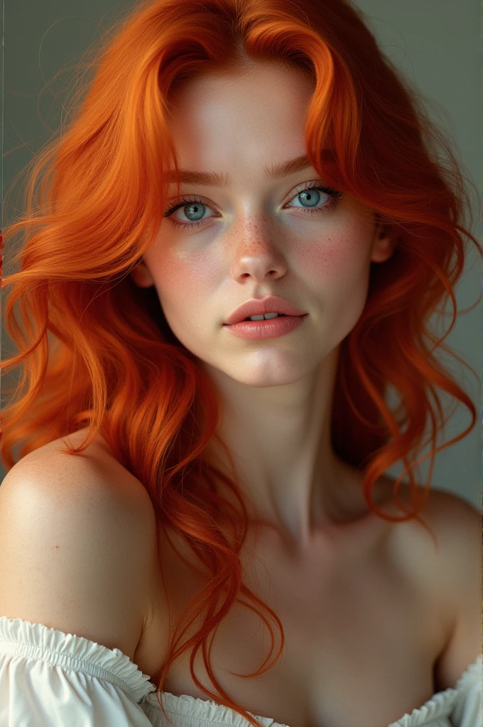 20 years old girl red hair, complete body and blue eyes