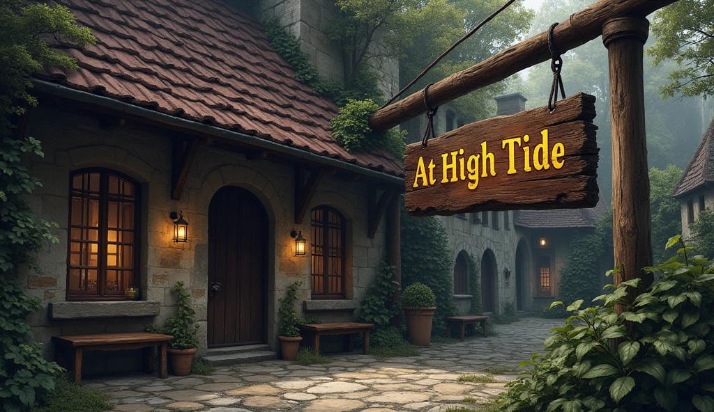 Exterior of a medieval tavern named after "At High Tide". A discreet place, with a weathered wooden sign swaying in the wind and narrow windows that barely let in any light.