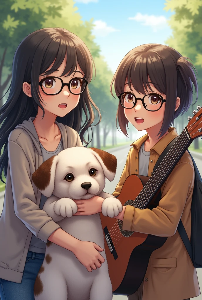 the first girl: white teen, with black glasses, Long wavy dark hair with long bangs, with a medium-sized dog in his hands, white with brown spots around his chest, the second boy: White teenager with short dark hair with glasses and a guitar in his hands the third girl: White teen with medium brown hair with glasses and short bangs