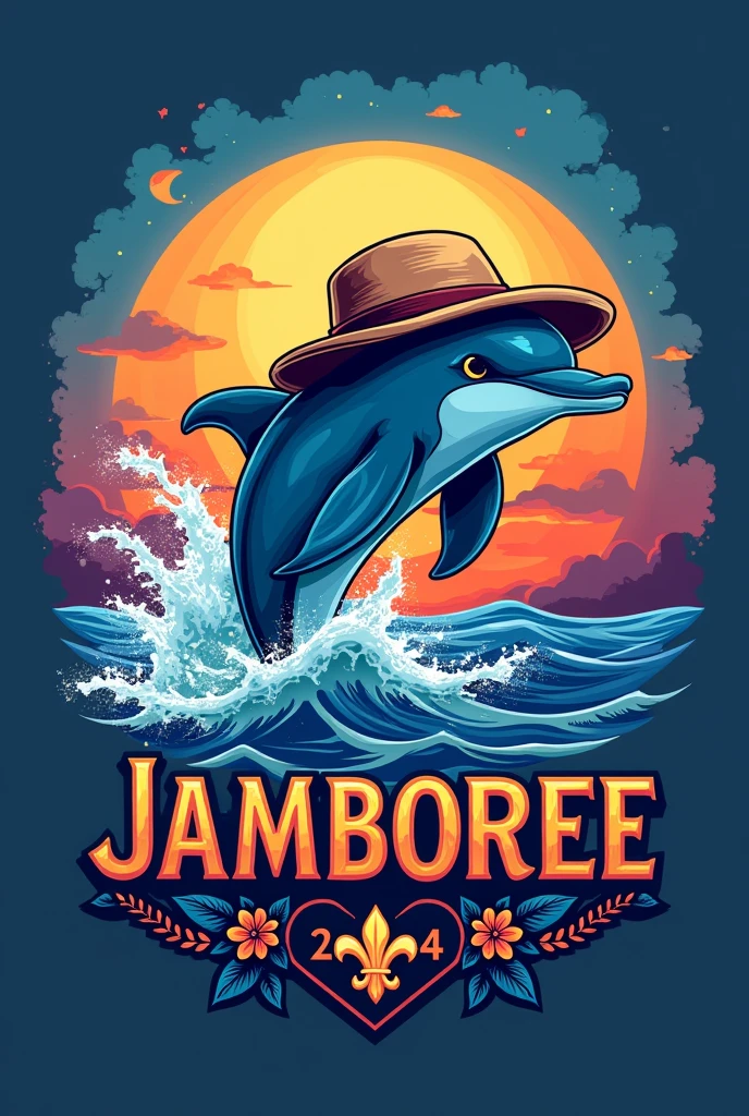 A flannel logo featuring a dolphin wearing an explorer&#39;s hat coming out of the water, with a sunset in blue and purple tones, and below have a text box in capital letters that says JAMBOREE 2024 with a fancy font, Below it has a fleur-de-lis and is framed Using this image created