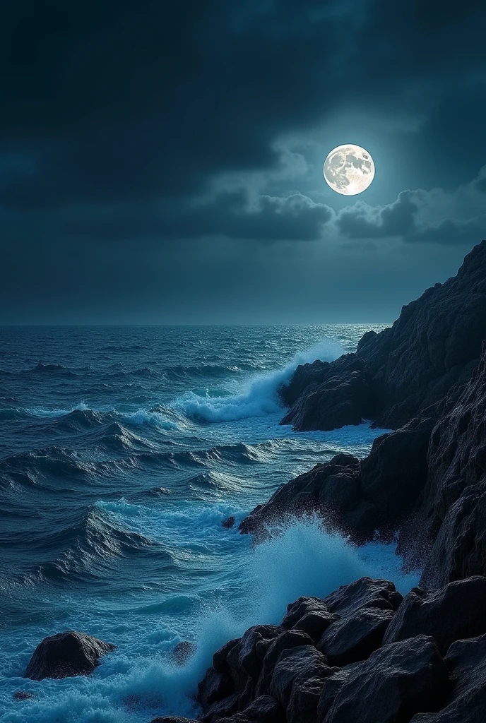 A horizontal image of the dark ocean with waves and rocks, with a space in the sky, and with a full moon in a corner