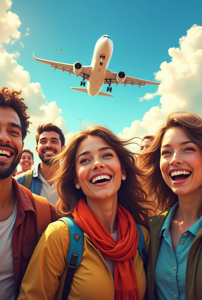 Travel company advertisement, with realistic people, cheerful colors, Airplane in the background, with the phrase discover the world with a smile, with realistic people