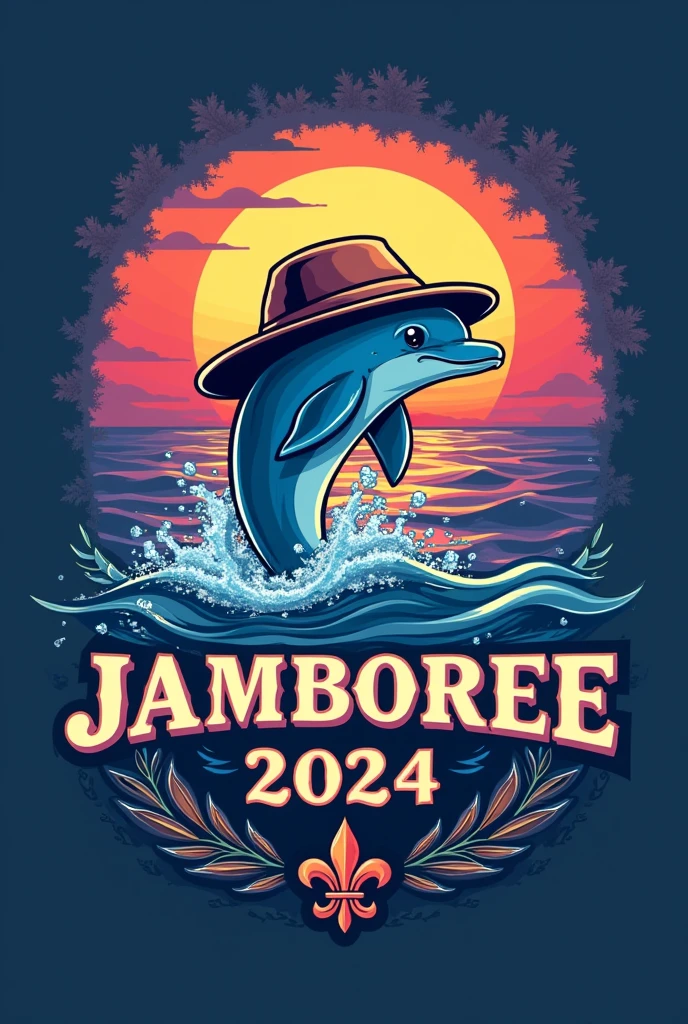 A flannel logo featuring a dolphin wearing an explorer's hat coming out of the water, with a sunset in blue and purple tones, and below have a text box in capital letters that says JAMBOREE 2024 with a fancy font, Below it has a fleur-de-lis and is framed Using this image created