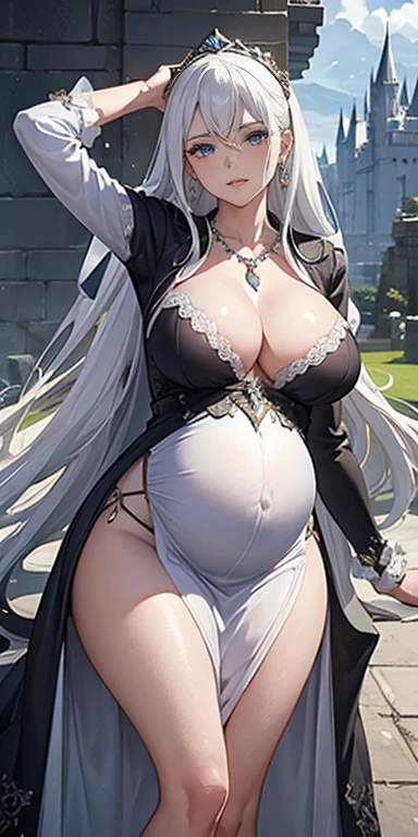 Castle wall as background, pregnant fashion model posing, (photorealistic:1.4), (masterpiece, front lighting, finely detailed beautiful eyes: 1.2), masterpiece*portrait, realistic, 3d face, glowing eyes, shiny white hair, lustrous skin, solo, embarrassed, black dress, absolute_cleavage, necklace, sapphire_earrings, pregnant