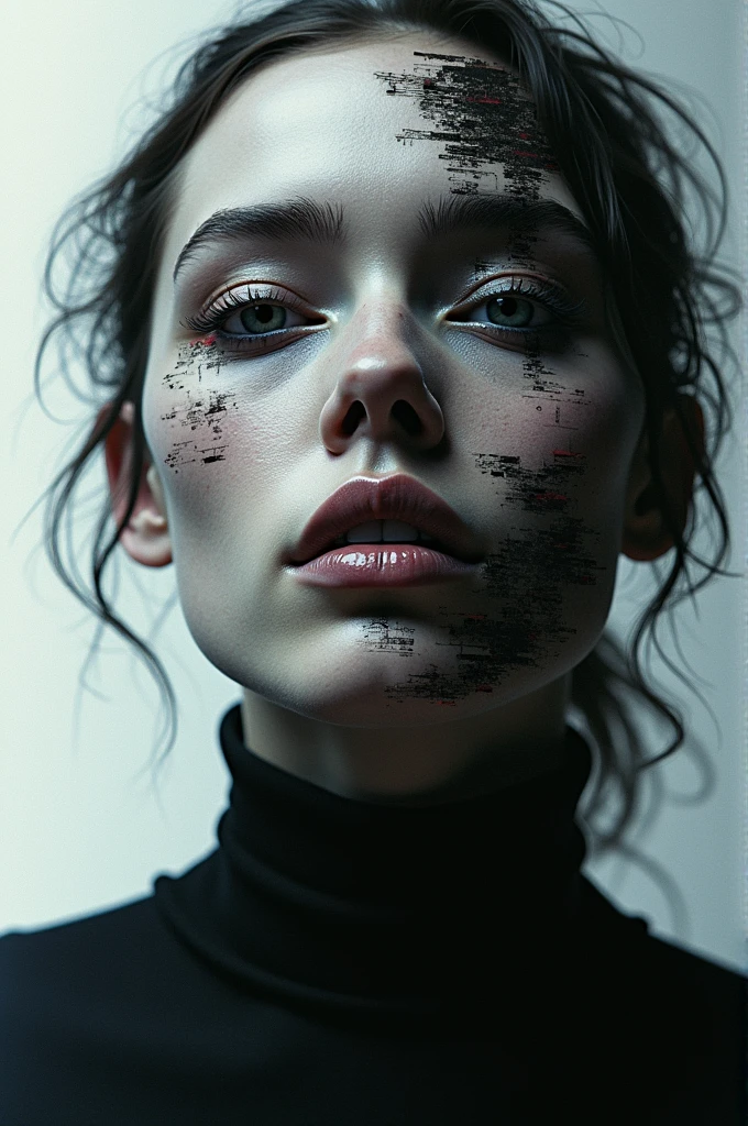 (photorealistc, uhd, 8k) ,cum on forehead, cum on face:1, bukkake:1.2, facial:1, new wave girl with silver-black messy bob hair, neck tattoo, wearing a virgin killer sweater, very small rocket tits, puffy nipples