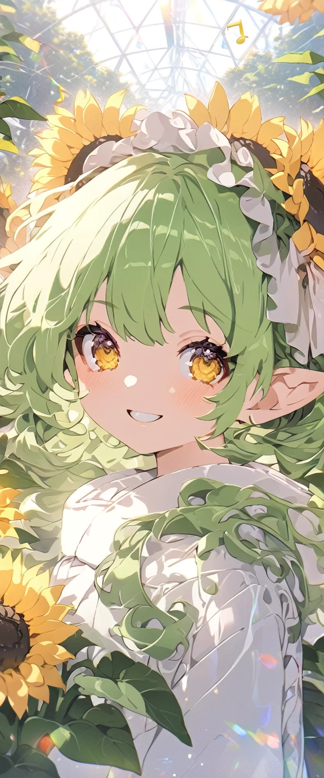 masterpiece, high definition, anime girl, long green hair, yellow eyes, cute anime girl, smiling face, ((Sunflowers)), fractal art, Gwaiz, Greenhouse background, Surrounded by musical notes
