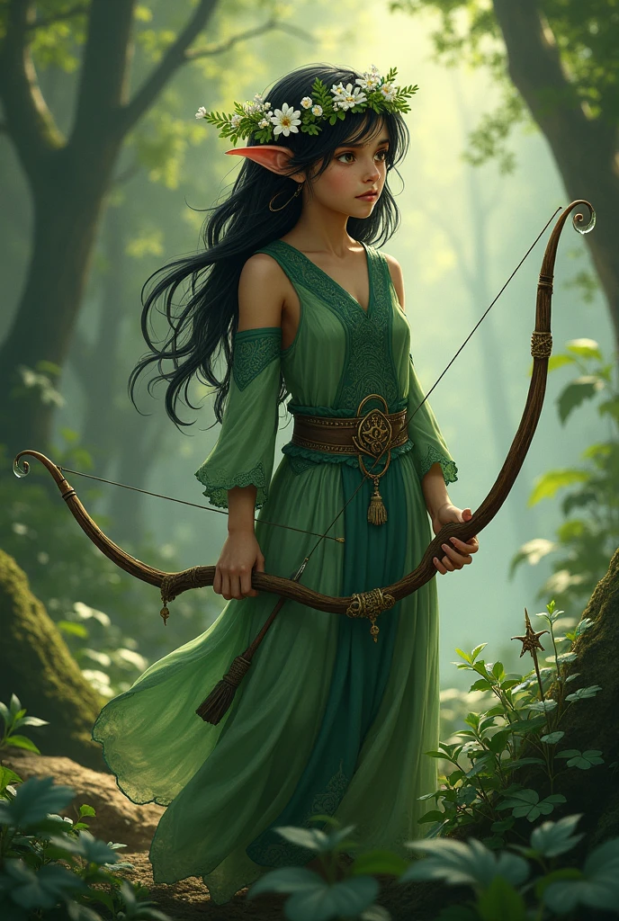 A nature elf who is a little green with dark hair and brown eyes and shy who is a cleric with a bow and arrow and a flower tiara who believes in the god of water