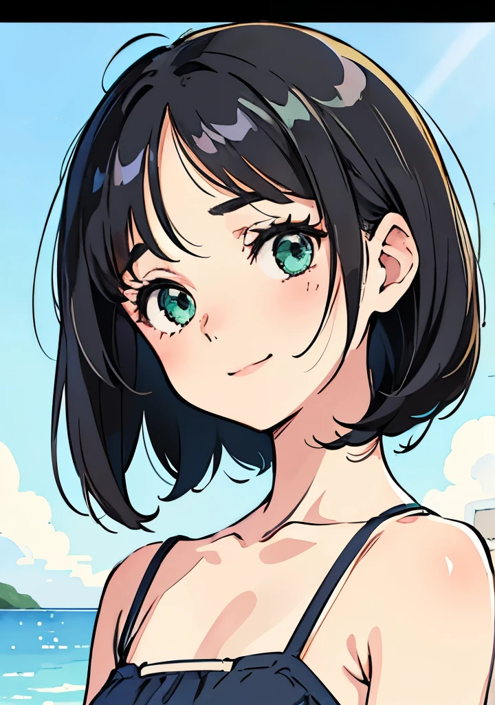masterpiece, best quality, portrait, soft lines, perfect anatomy, perfect body, perfect hands, perfect face, (from front:1.5), (cowboy shot), 1girl, little young girl, (short eyes:1.5), (oval face, drooping eyes:1.4), grey-green eyes, blush, highlights on eyes, (sad), smile, pointy chin, flat hair, forehead, Center parted forehead, no bangs, side-swept to back, pulled back hair, a single pigtail with hair tied back, black hair, (chubby), (looks soft body), one-piece swimsuit, outdoors