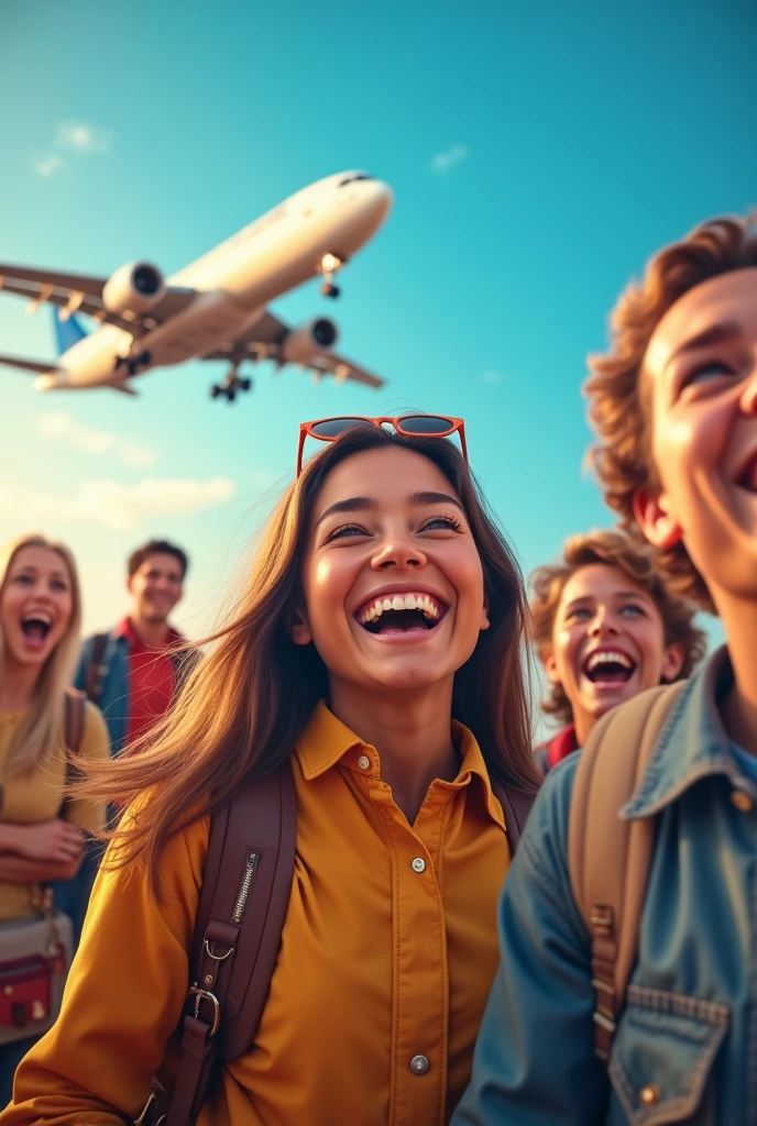 Travel company advertisement, with realistic people, cheerful colors, Airplane in the background, with the phrase discover the world with a smile, with realistic people.