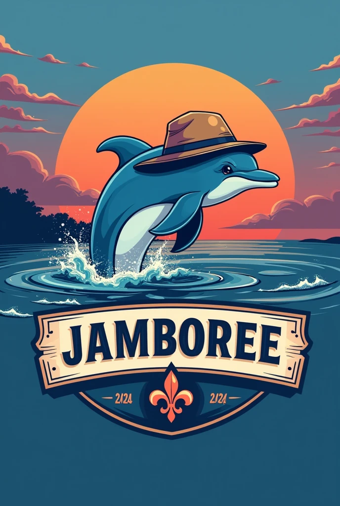 A flannel logo featuring a dolphin wearing an explorer&#39;s hat coming out of the water, with a sunset in blue and purple tones, and below have a text box in capital letters that says JAMBOREE 2024 with a fancy font, Below it has a fleur-de-lis and is framed

