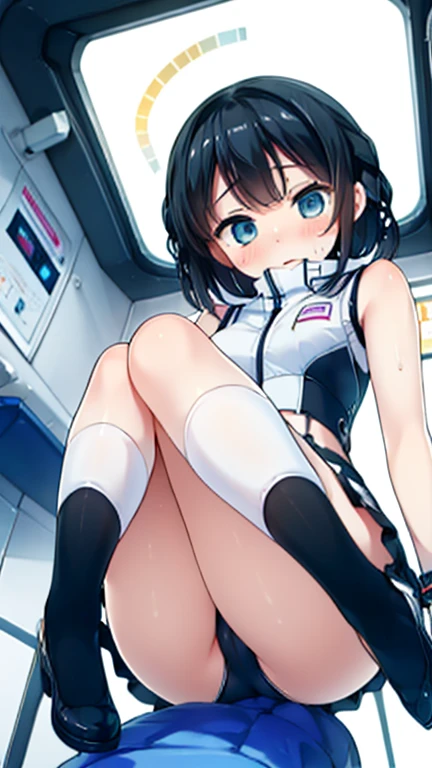 (Highest quality), (masterpiece), 1080P, High resolution, 4K, 8k, Inside the space station、Futuristic room、Thigh straps, Shooting from directly below, The woman on top of me, 白いSweat, Covered , Sweat, Woman looking down, Skirt swimsuit, Thigh-high socks, To achieve this, , , whole body, Black leather shoes, Braided hair, Inner Color, Embarrassed face, Short black hair, bracelet, Bedroom,celestial body_Vest
