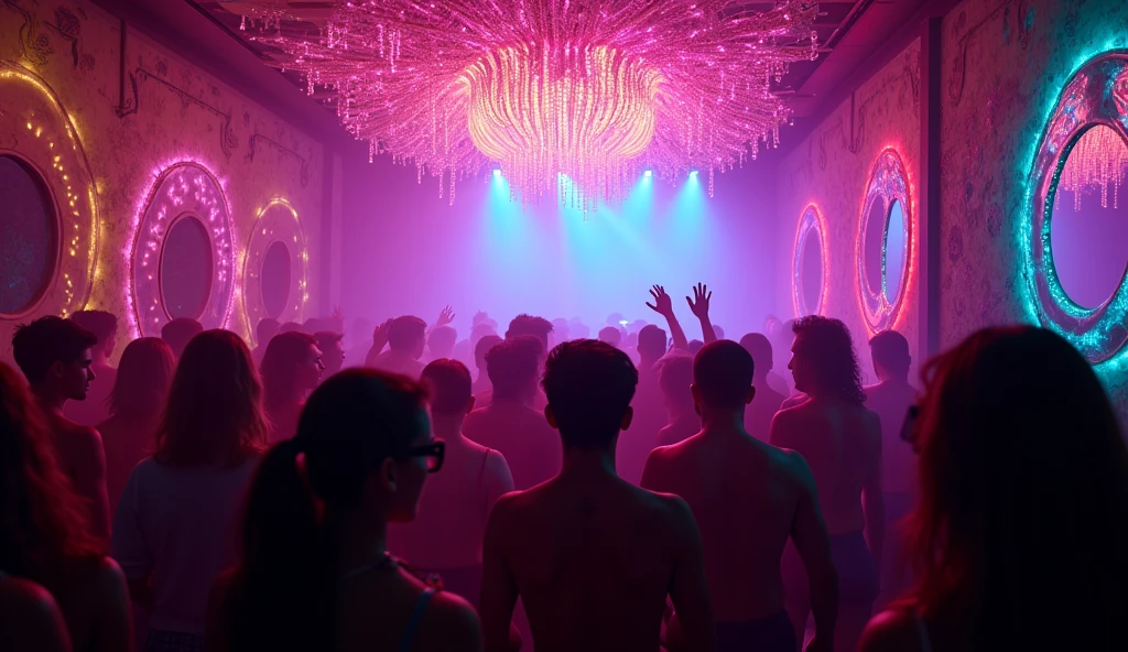 Une image de rave dans un petit bar avec une ambiance fluo et psychédélique, un filigrane de fleur de vie lumineux, des décoration psychédélique fluo type peinture et tissu de lycra et une ambiance festive