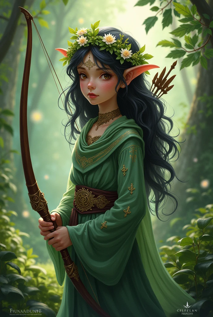 A nature elf who is a little green with dark hair and brown eyes and shy who is a cleric with a bow and arrow and a flower tiara who believes in the god of water