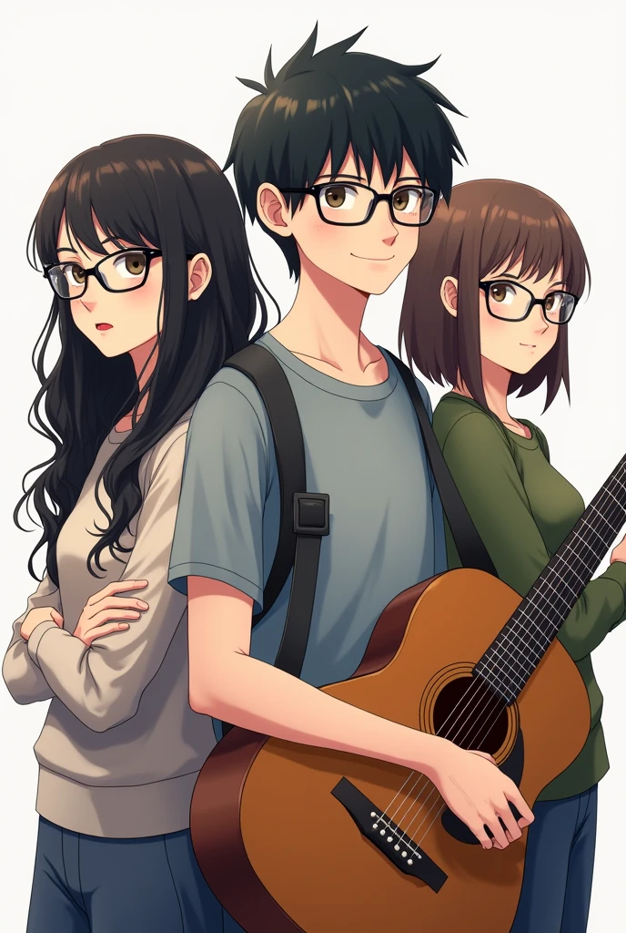 the first girl: white teen, with black glasses, Long wavy dark hair with long bangs.
The second boy: White teenager with short dark hair with glasses and a guitar in his hands the third girl: White teen with medium brown hair with glasses and short bangs